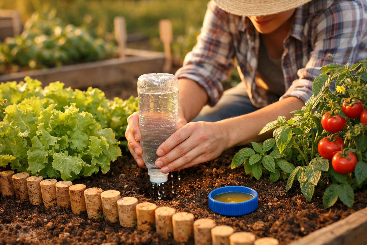 Pessoa a regar plantas numa horta caseira usando um frasco de plástico reaproveitado.