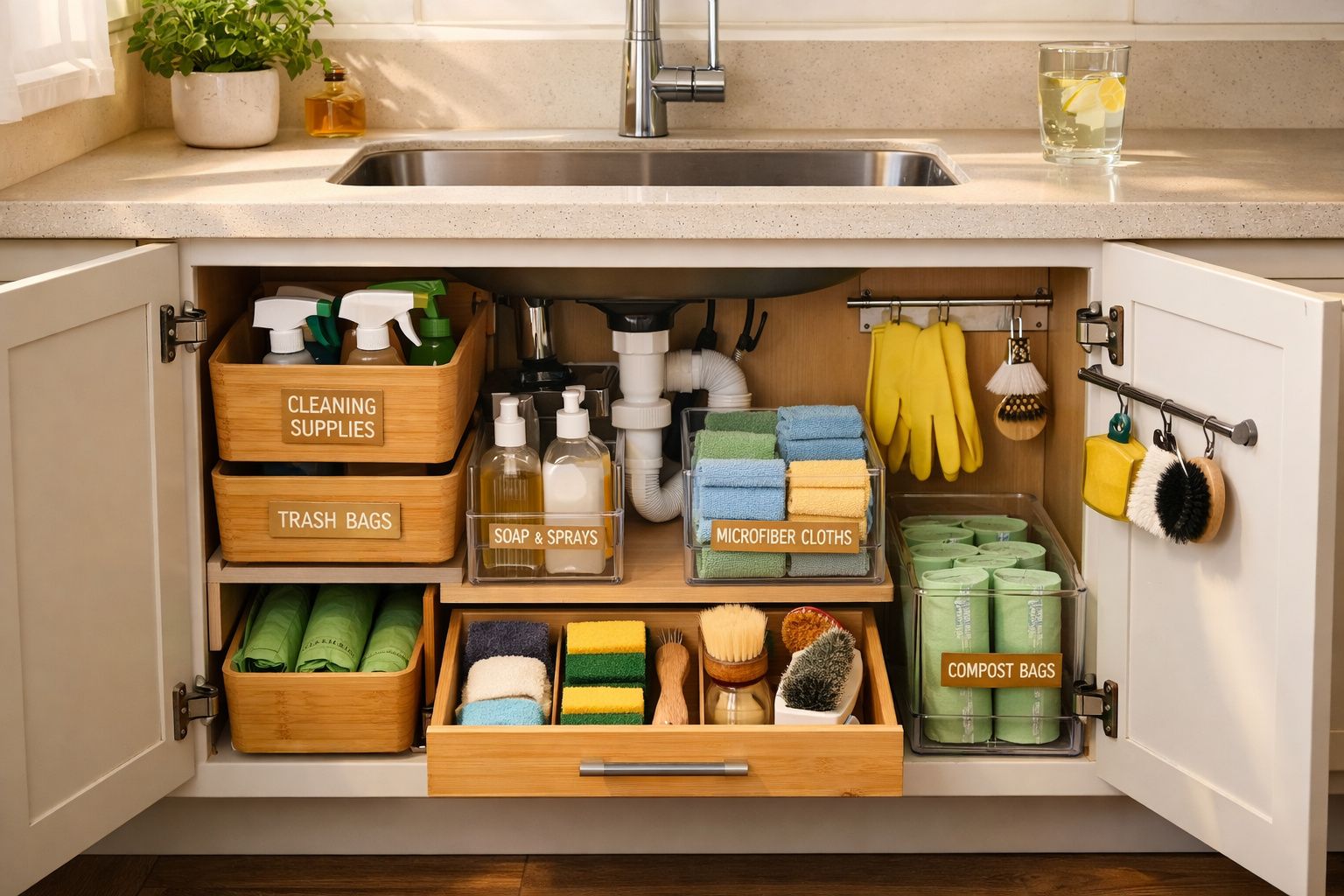 Armário organizado debaixo de pia com produtos de limpeza, sacos de lixo, panos de microfibra e luvas amarelas.