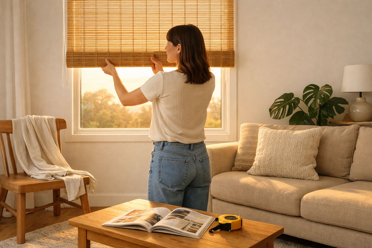 Mulher a subir estores de bambu numa sala iluminada com sofá e mesa de madeira.
