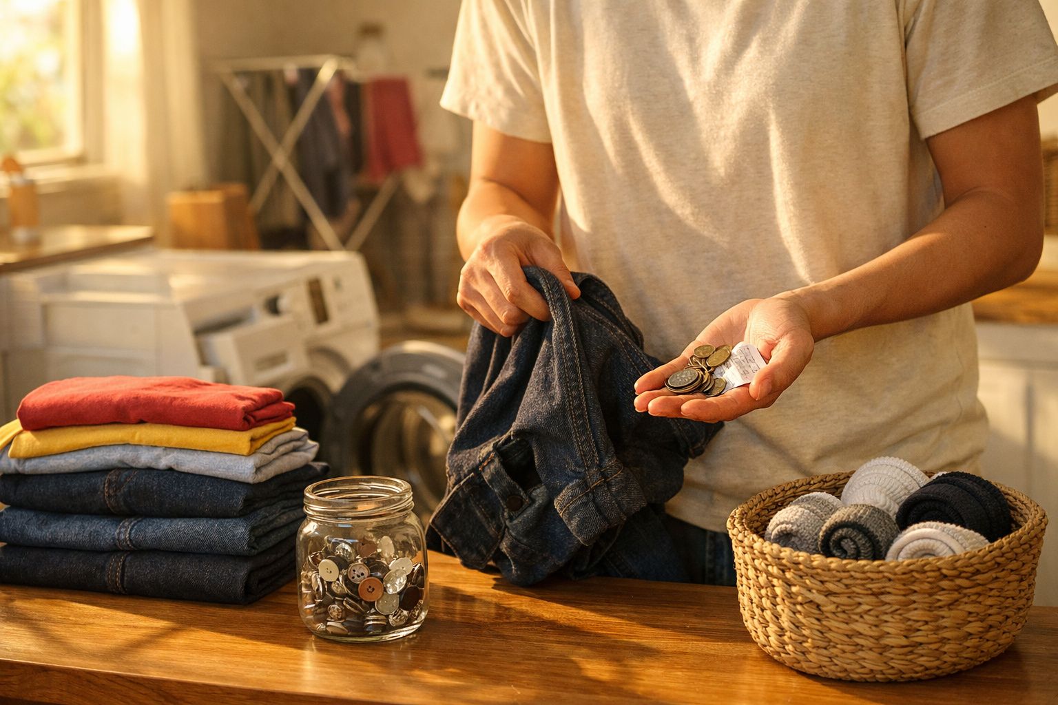 Pessoa a segurar moedas e roupas junto a frascos com botões e cestos de roupa dobrada numa lavandaria.