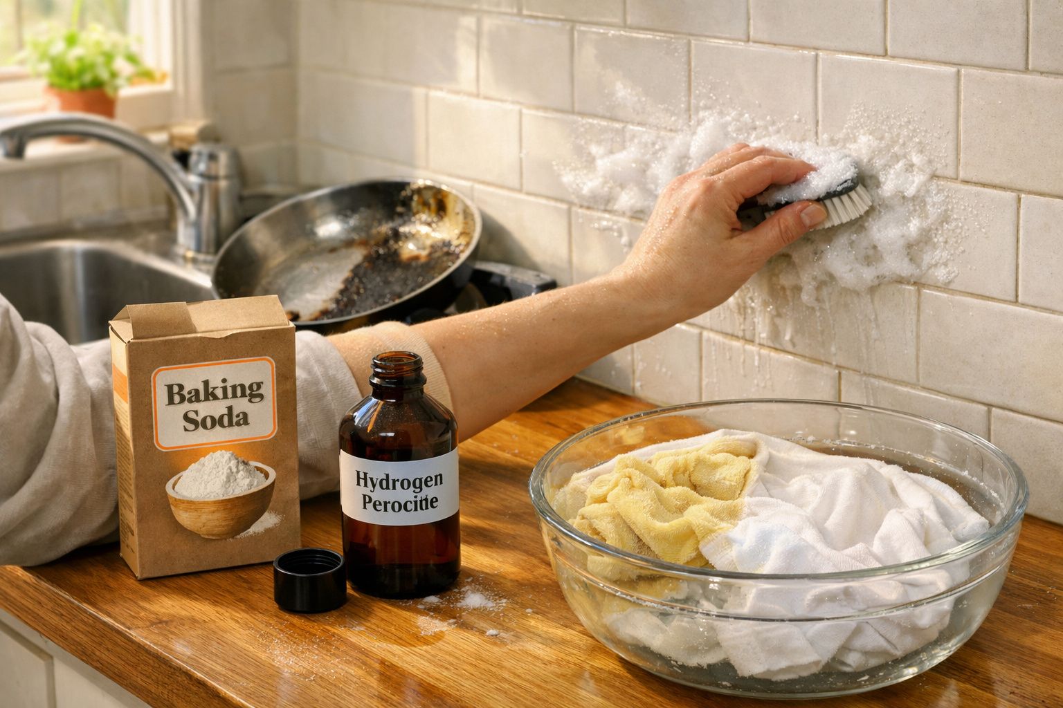 Pessoa a limpar azulejos da cozinha com bicarbonato e água oxigenada, usando escova e bacia com panos.