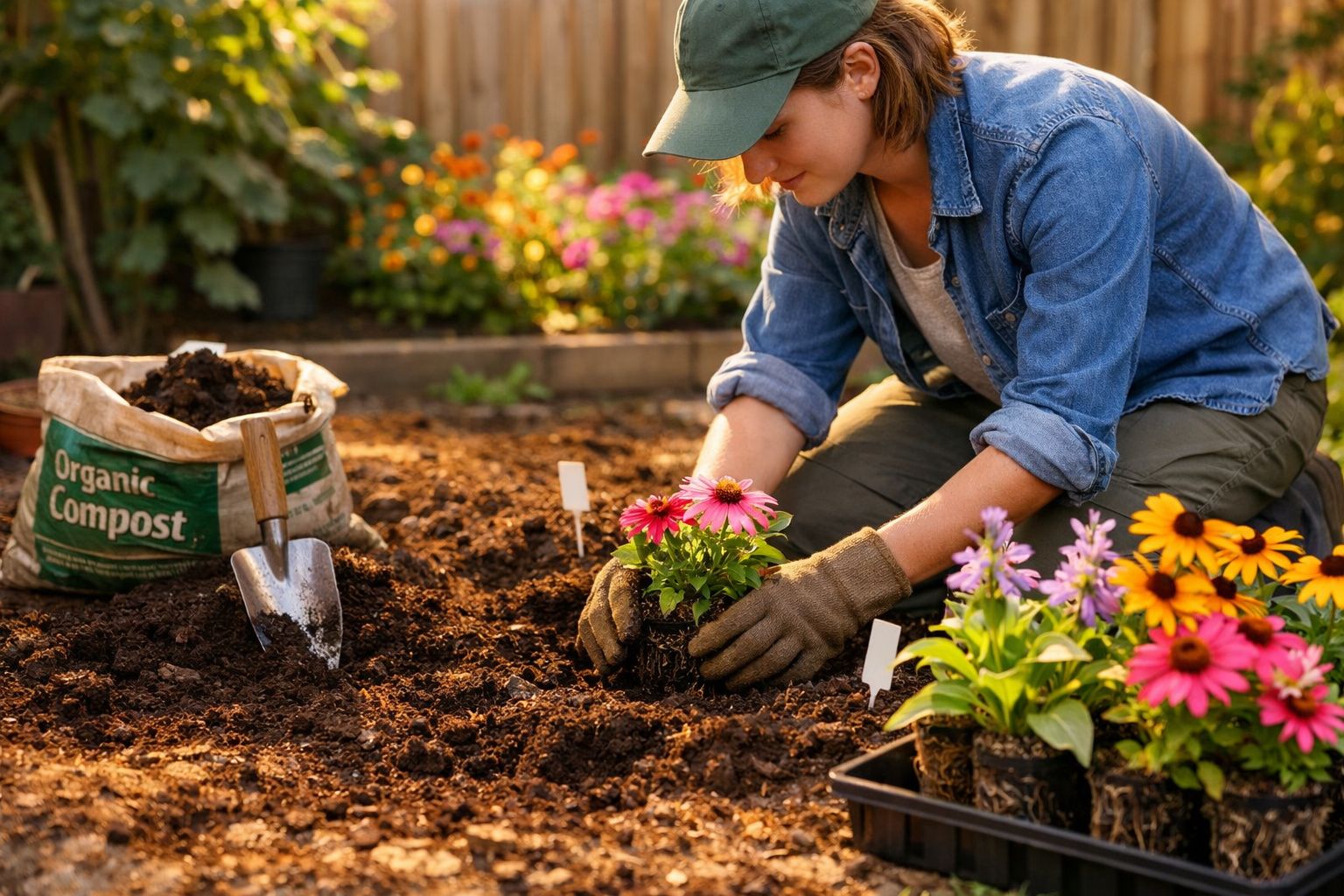 Pessoa a plantar flores coloridas num canteiro, com saco de composto orgânico e enxada ao lado.