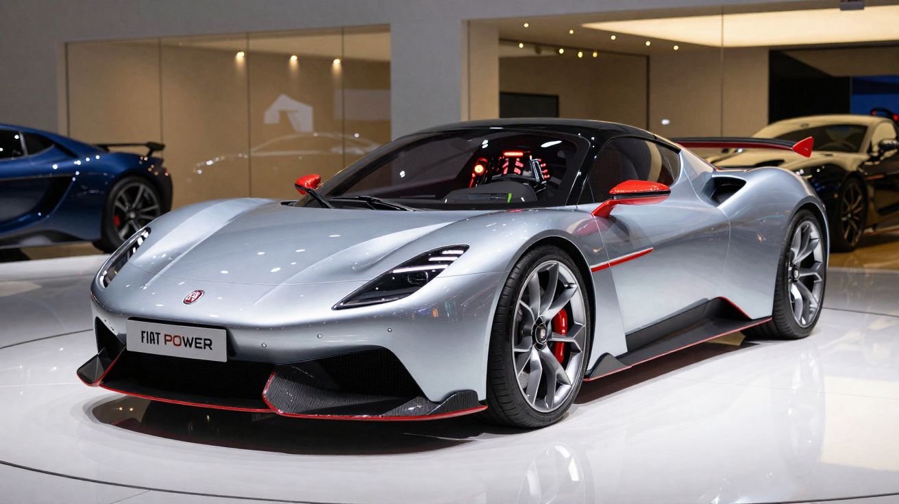 Carro desportivo cinza metalizado com detalhes vermelhos, rodas grandes e design aerodinâmico exposto em salão.