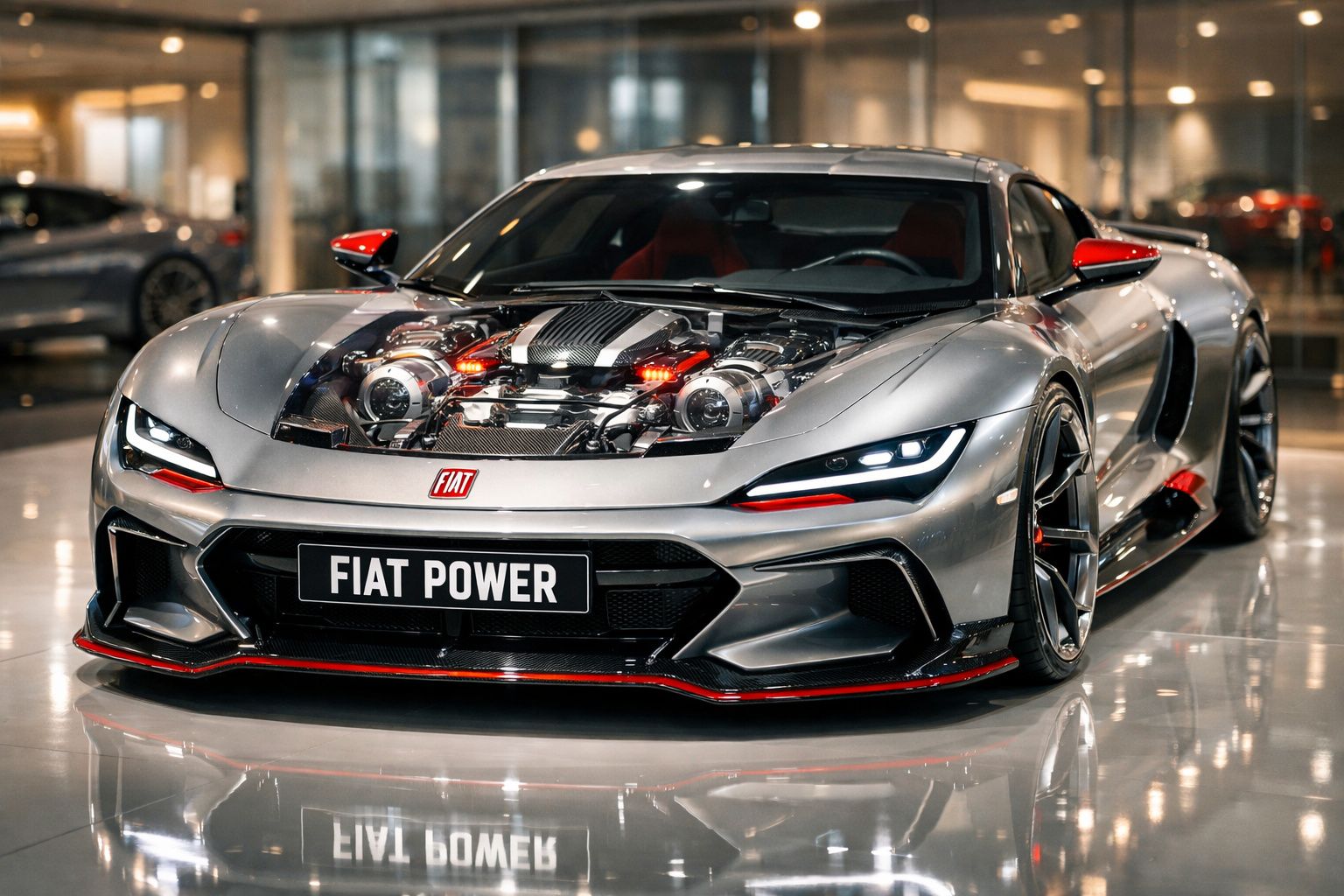 Carro desportivo cinza com design futurista e motor visível no capô, em exposição interior.