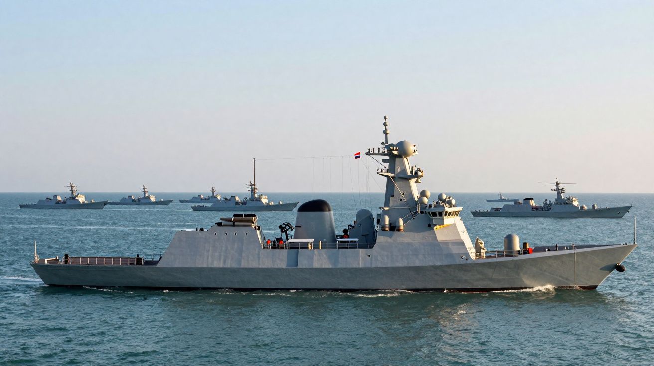 Fragata militar cinzenta a navegar no mar com várias outras embarcações ao fundo sob céu claro.