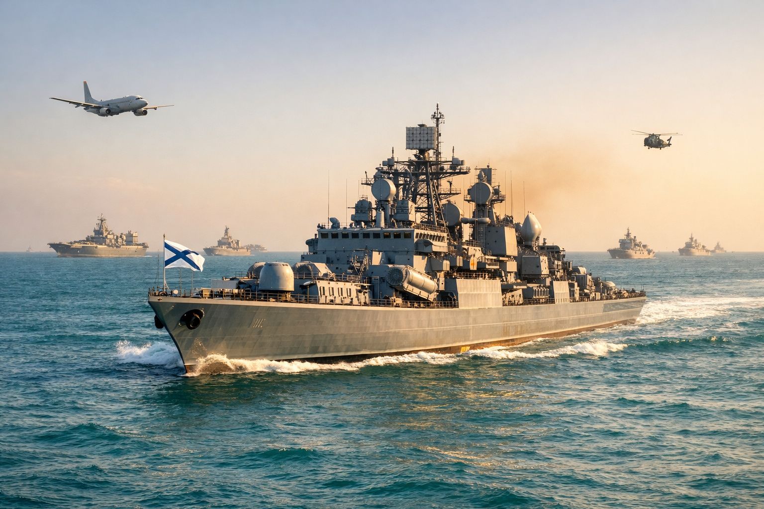 Navio de guerra russo no mar com seis navios, um avião e um helicóptero em céu limpo ao pôr do sol.