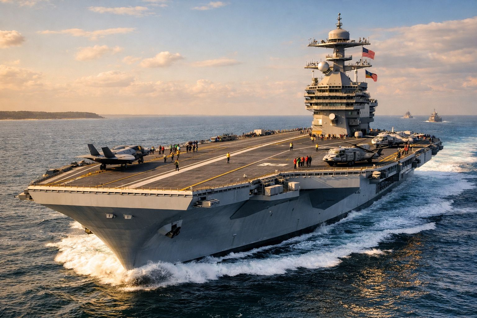 Porta-aviões militar americano com aeronaves e tripulantes a bordo navegando no mar ao pôr do sol.