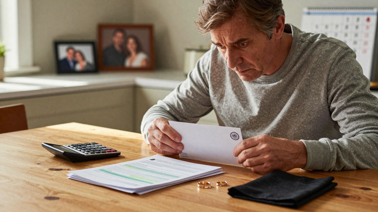 Homem preocupado lê carta sentado à mesa com documentos, calculadora e alianças douradas.