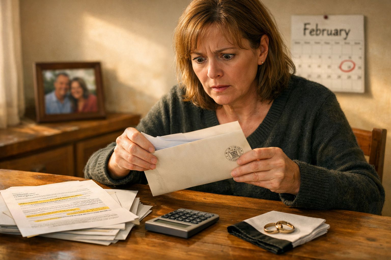 Mulher preocupada abre carta sentada à mesa com documentos, calculadora, alianças e calendário fevereiro ao fundo.