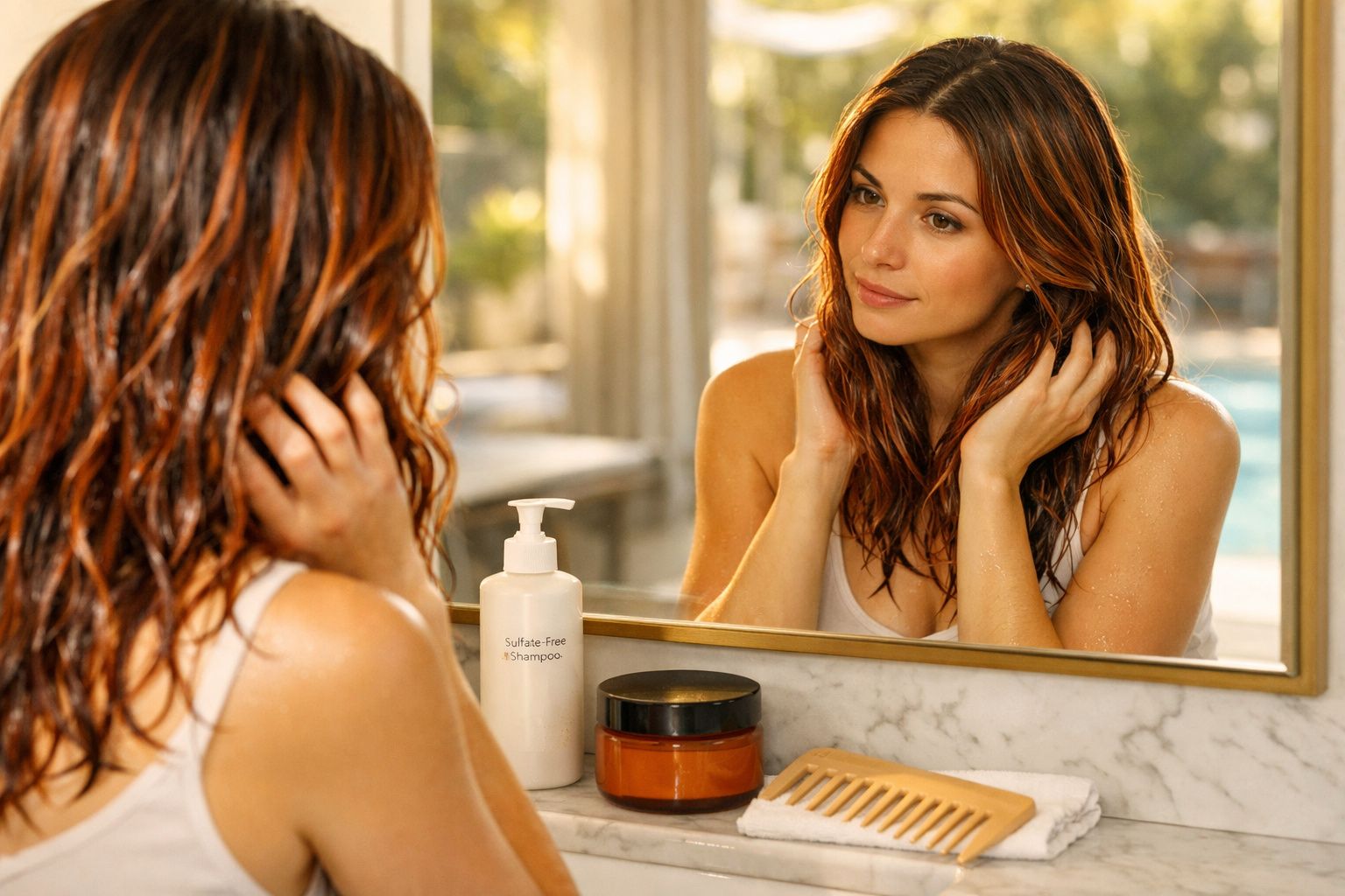 Mulher com cabelo molhado a olhar para o espelho numa casa de banho com produtos de cuidado capilar.