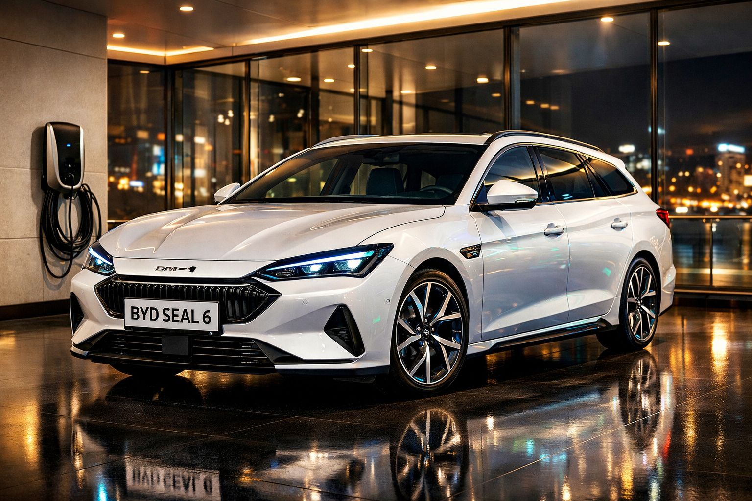 Carro elétrico branco BYD Seal 6 estacionado junto a uma estação de carregamento interior à noite.