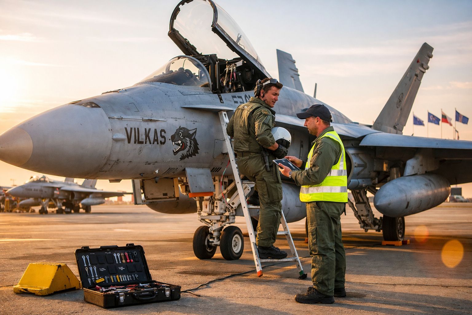 Piloto militar desce de caça F-18 com apoio de técnico em pista ao pôr do sol.