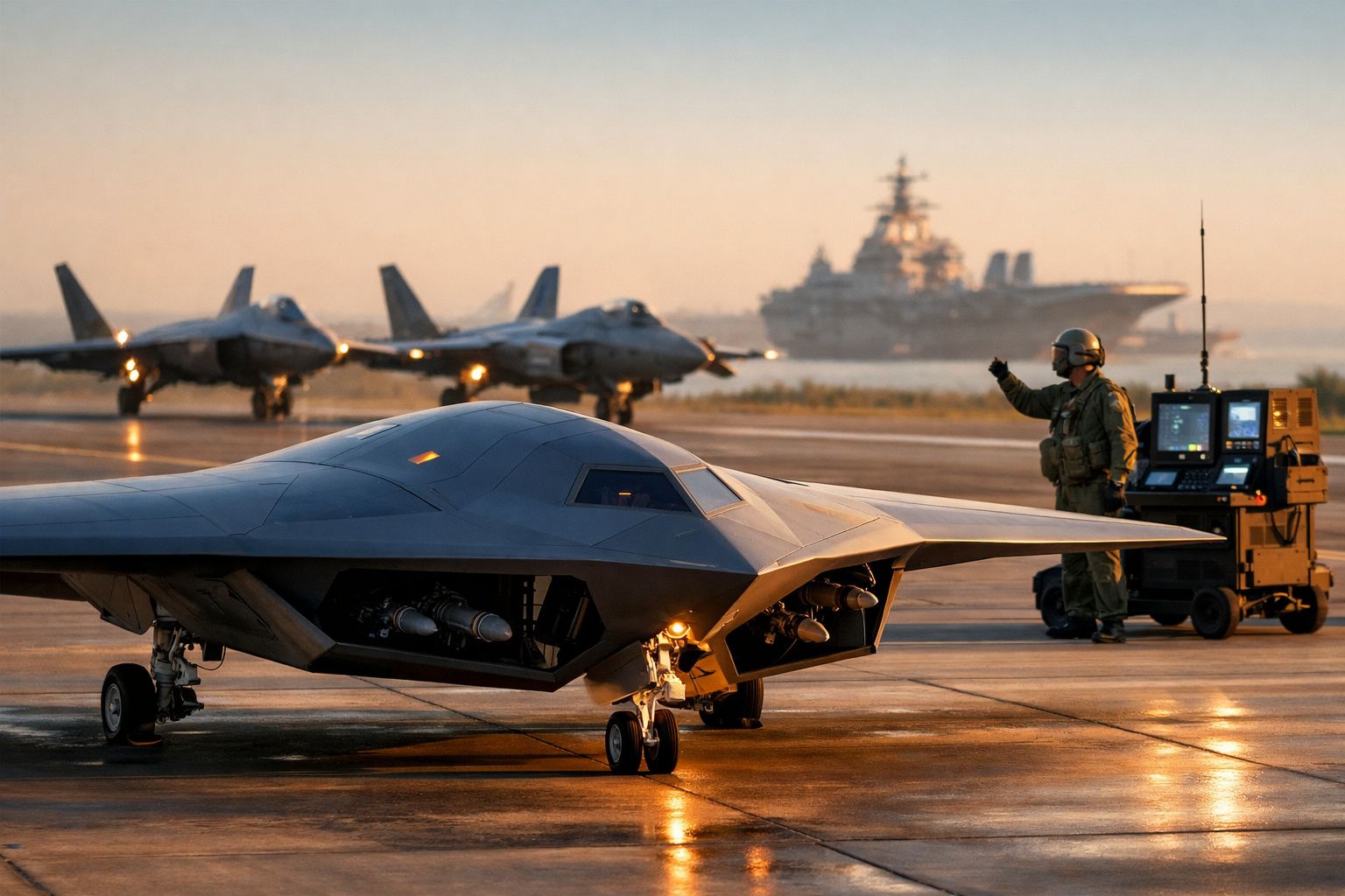 Aviões militares na pista de um porta-aviões ao pôr do sol com um soldado a sinalizar próximo.