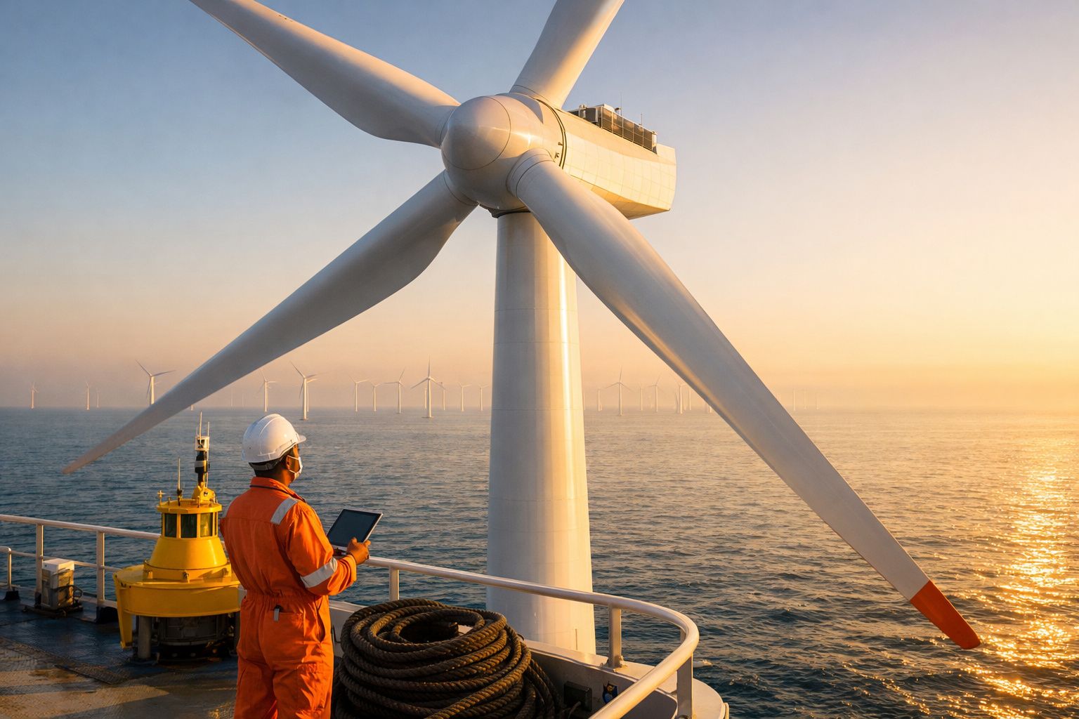 Trabalhador em fato de proteção observa turbina eólica offshore ao pôr do sol no mar.