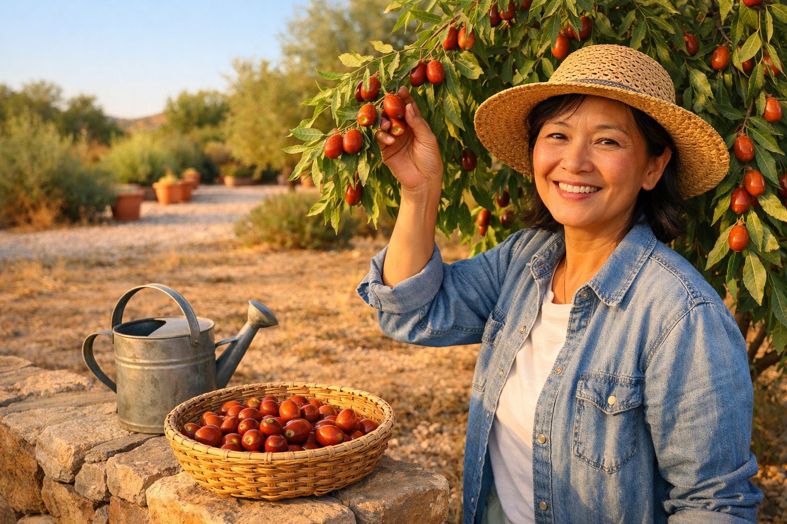 Mulher com chapéu colhe tomate cereja num pomar, com cesto cheio e regador ao lado.