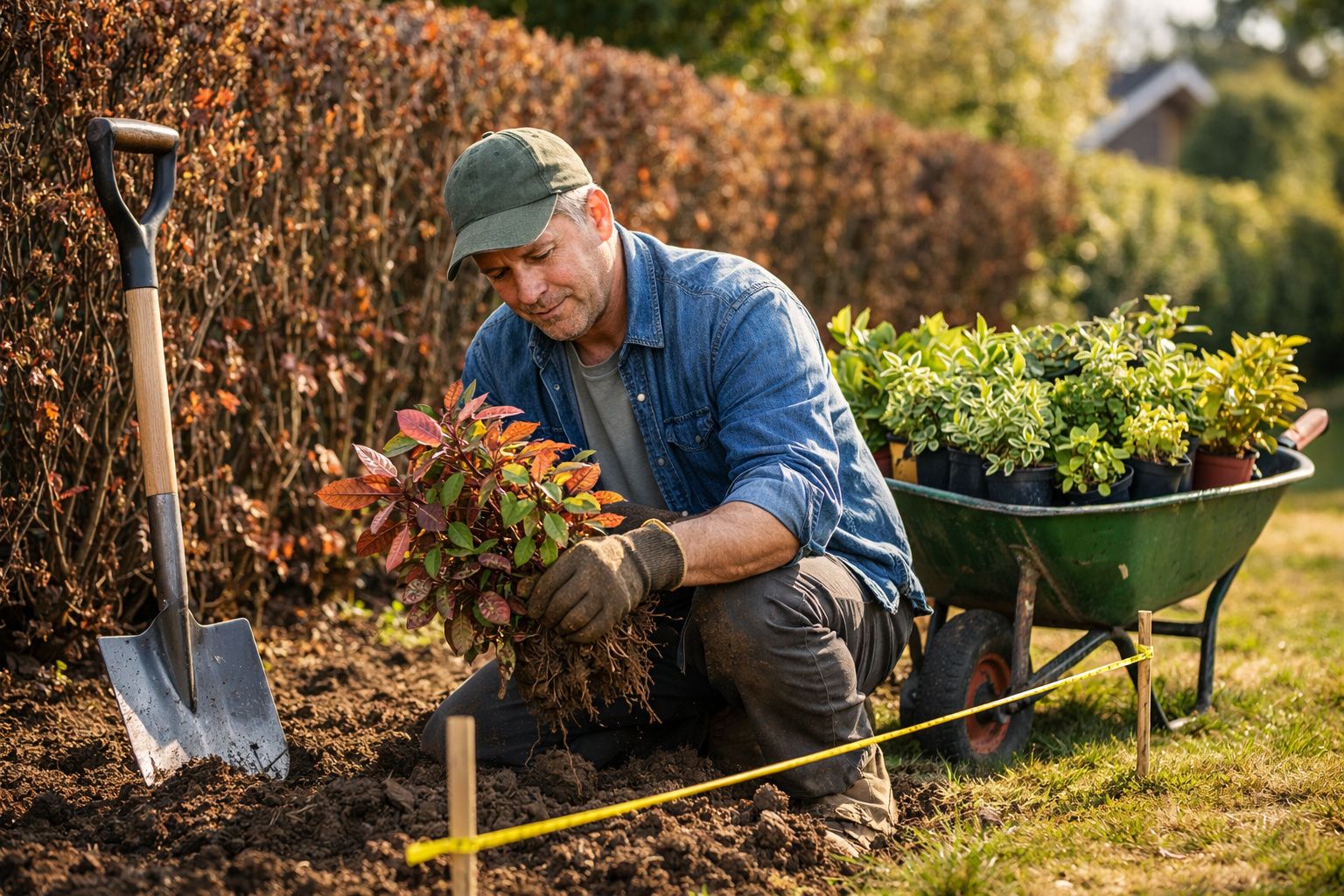 Homem a plantar arbusto numa área de jardim com carrinho cheio de plantas e pá ao lado.