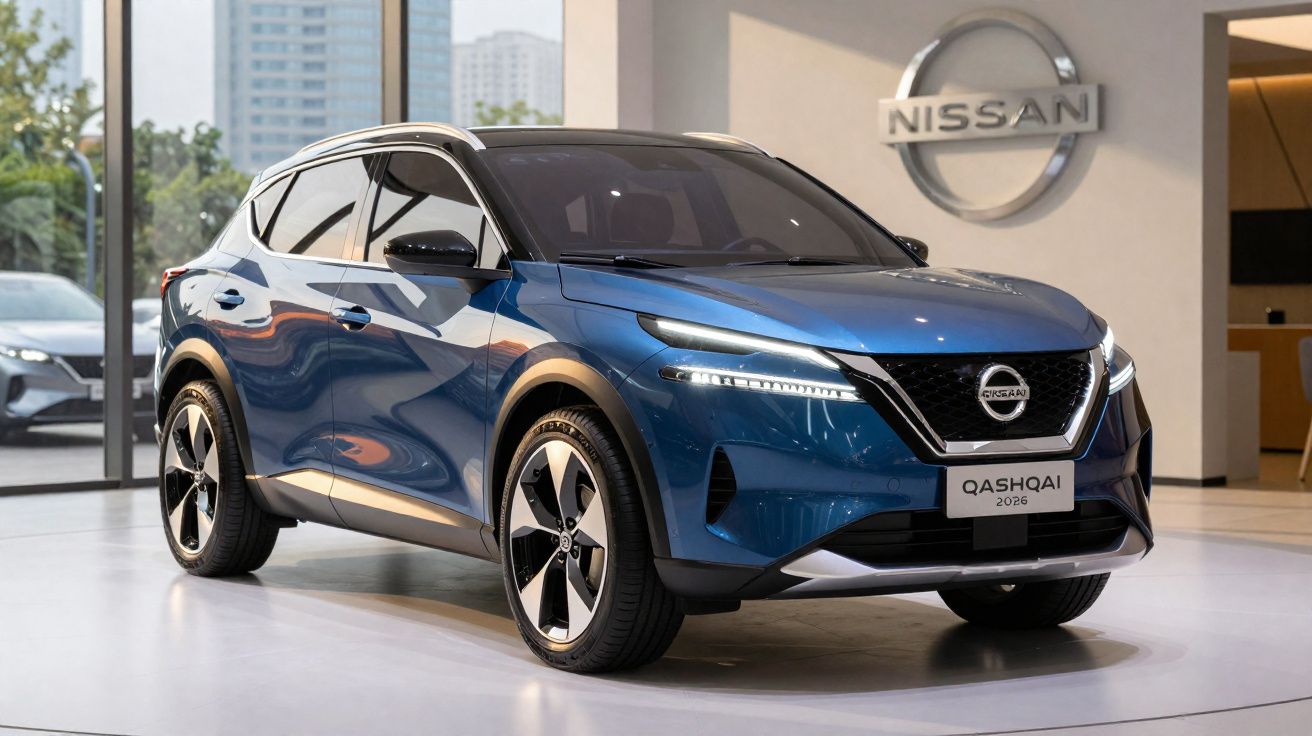 Nissan Qashqai 2026 azul exposto num salão com janelas e logótipo da marca ao fundo.