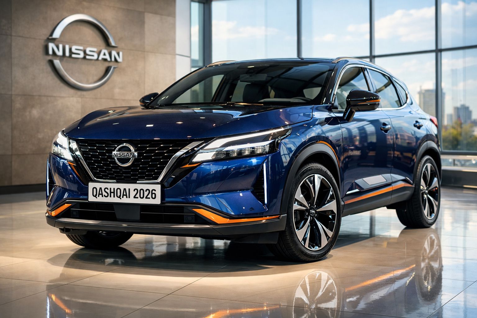 Carro Nissan Qashqai 2026 azul estacionado em showroom moderno com luz natural.