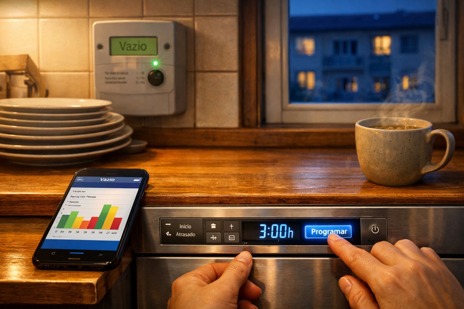 Pessoa a programar um temporizador num eletrodoméstico de cozinha, com telemóvel e chá quente ao lado.