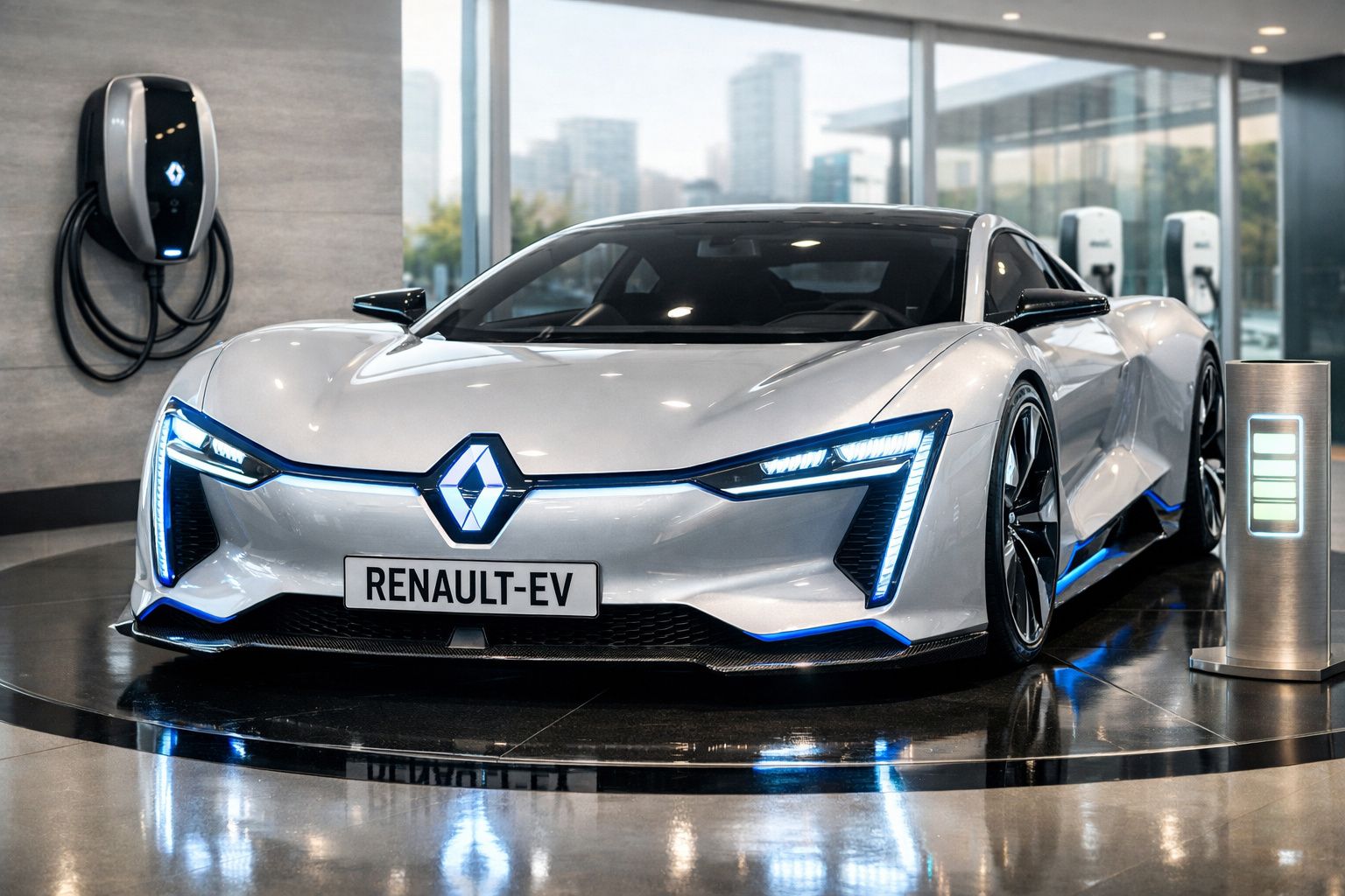 Carro elétrico Renault branco num showroom moderno com carregador e indicador de bateria ao lado.