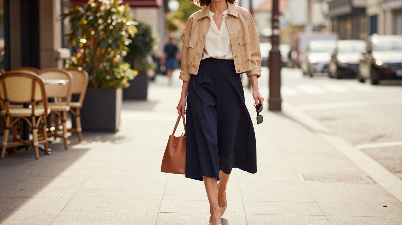 Mulher caminhando na rua com blazer bege, camisa branca, saia azul escura e bolsa castanha.