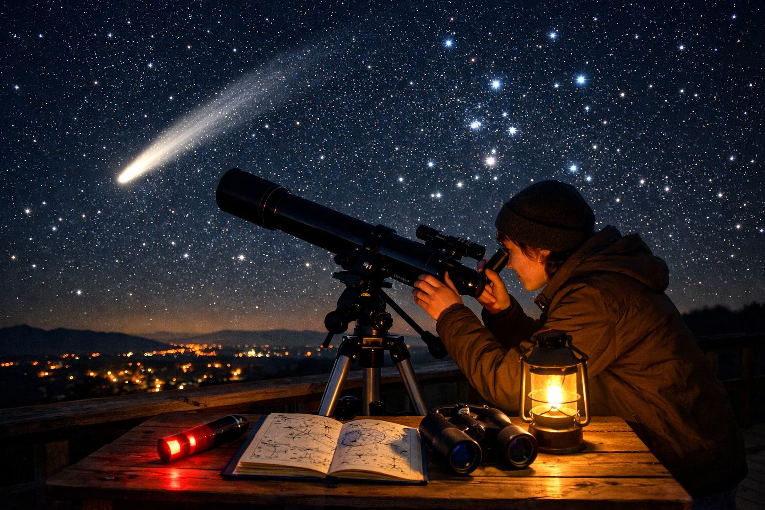 Pessoa a observar um cometa com um telescópio durante a noite estrelada, com mapa e lanterna na mesa.
