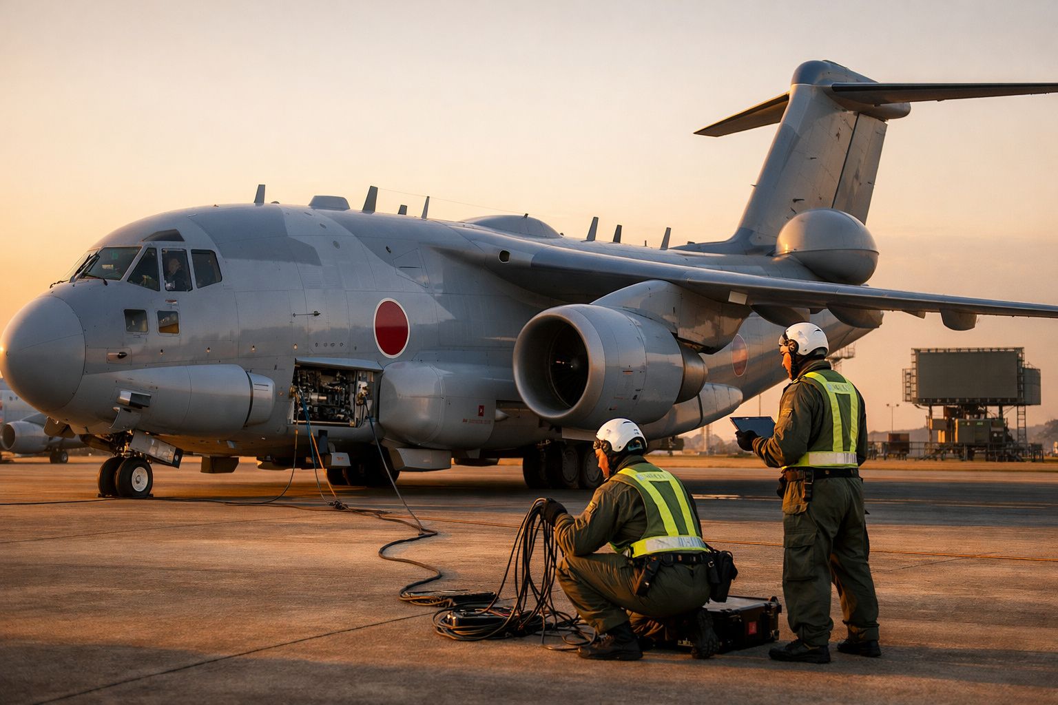 Avião militar cinzento estacionado com dois técnicos uniformizados a operar equipamentos no aeroporto ao pôr do sol.