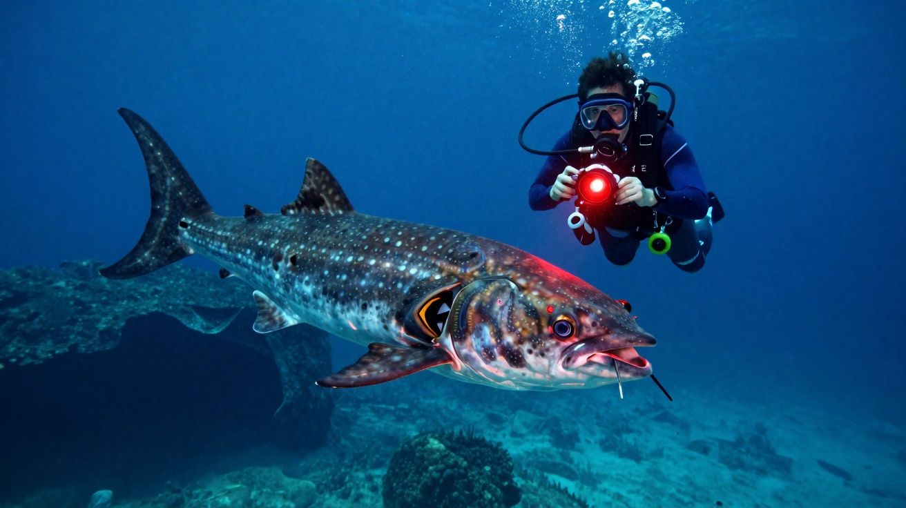 Mergulhador com câmara subaquática a fotografar tubarão-baleia em águas profundas e claras.