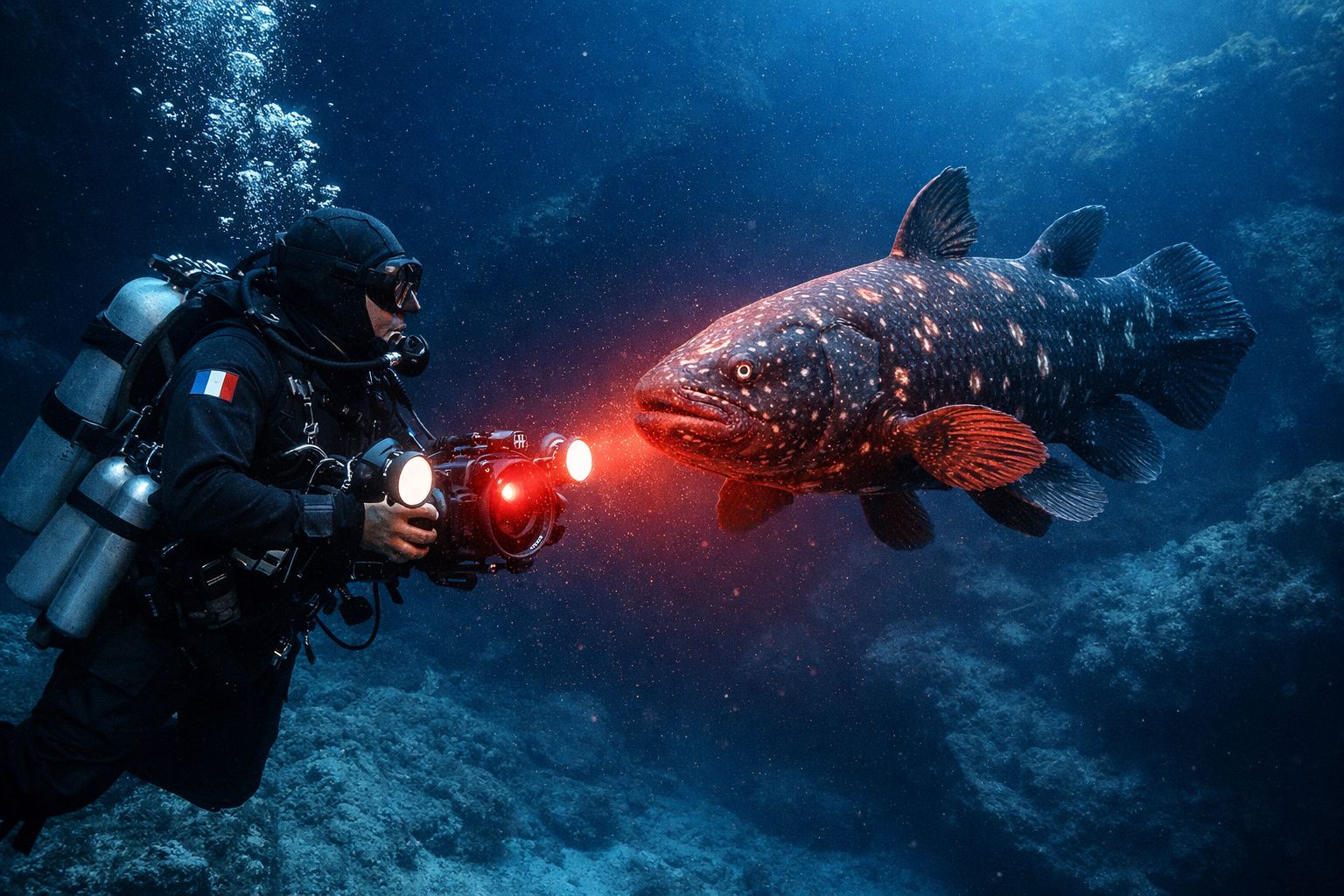Mergulhador com equipamento de filmagem iluminando um grande peixe escuro com manchas claras no fundo do mar.