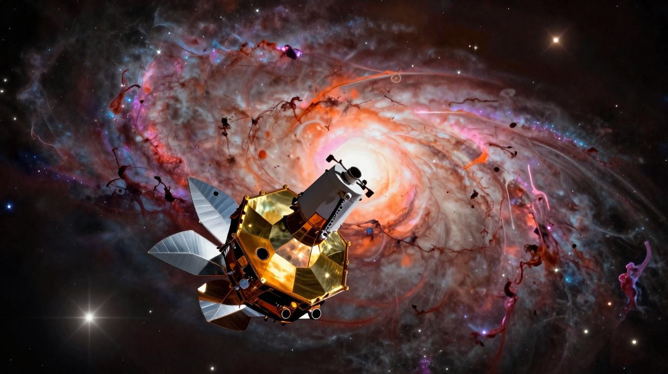 Sonda espacial dourada voando em direção a uma galáxia em espiral brilhante no espaço profundo.