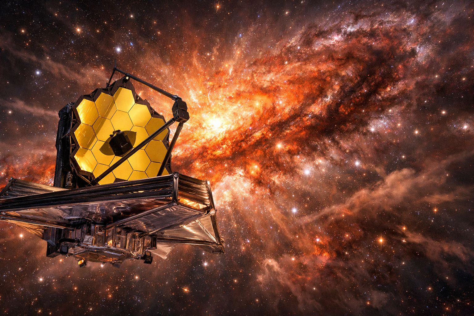 Telescópio espacial com espelho dourado refletor diante de galáxia brilhante e estrelas no espaço.