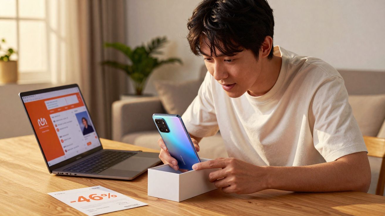 Jovem a desembrulhar smartphone junto a laptop aberto numa mesa com papel de desconto -46%.