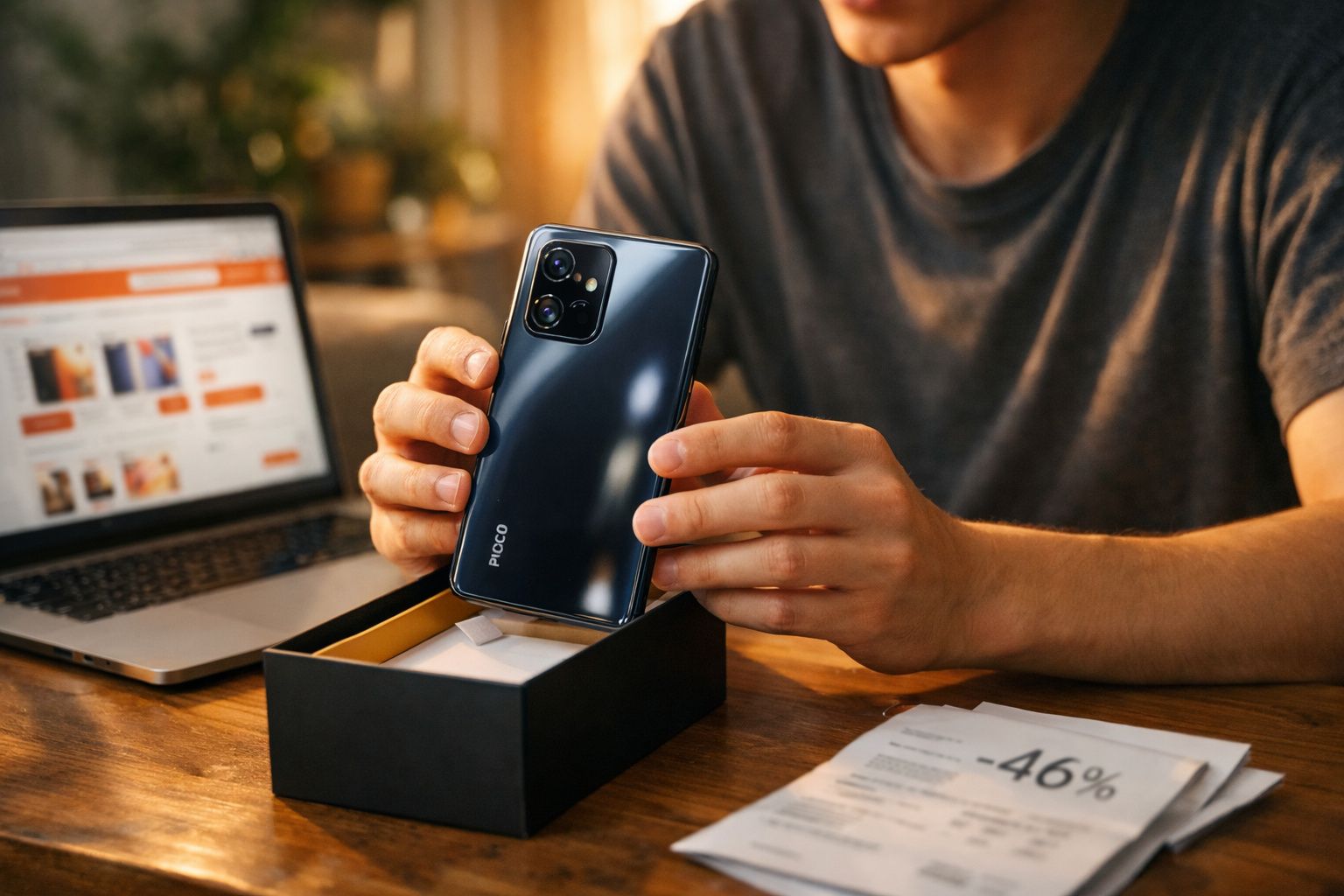 Pessoa a desembrulhar um smartphone preto da marca POCO junto a um computador portátil num ambiente interior.