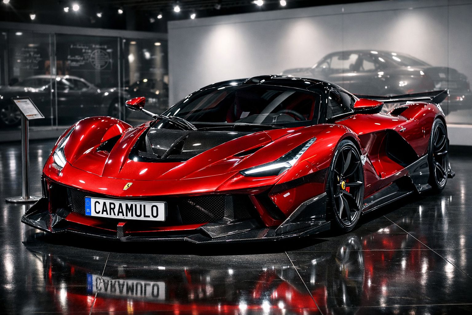 Carro desportivo vermelho Ferrari com placa personalizada "Caramulo", exposto num museu automóvel.