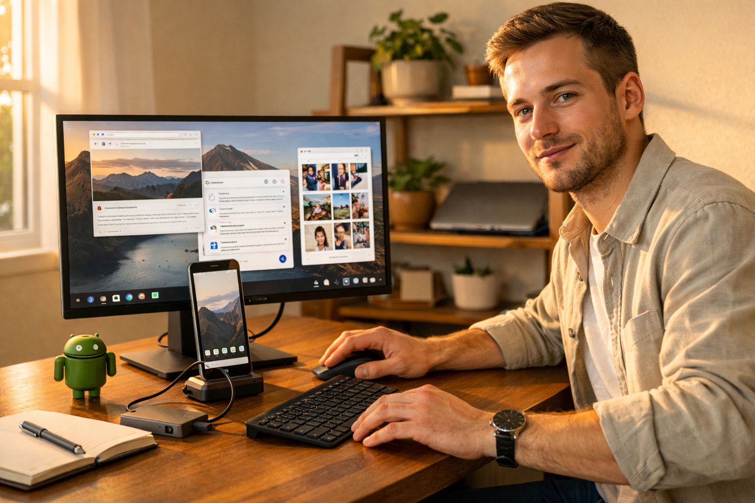 Homem sorridente a trabalhar num computador com ecrã e smartphone numa secretária de madeira.
