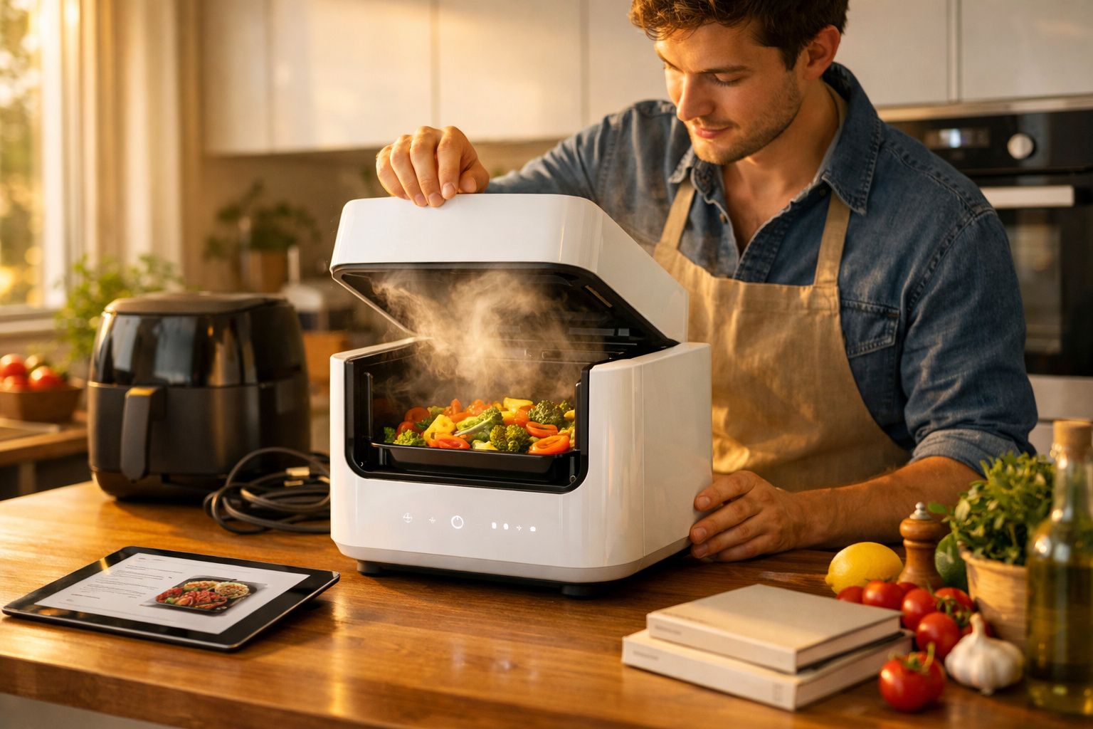 Homem a abrir forno elétrico com legumes coloridos a cozinhar no interior, em cozinha moderna.