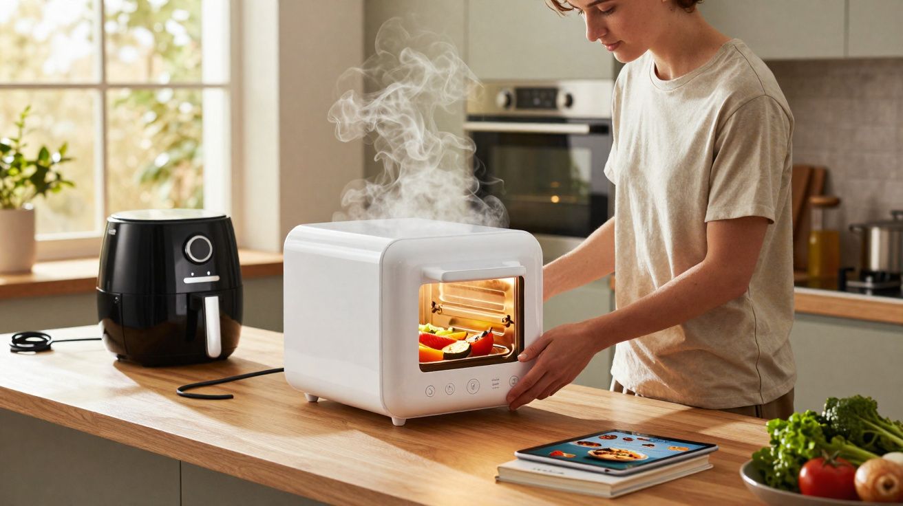 Pessoa a usar um forno elétrico branco numa cozinha moderna, com alimentos a cozinhar e um ar condicionado ao lado.