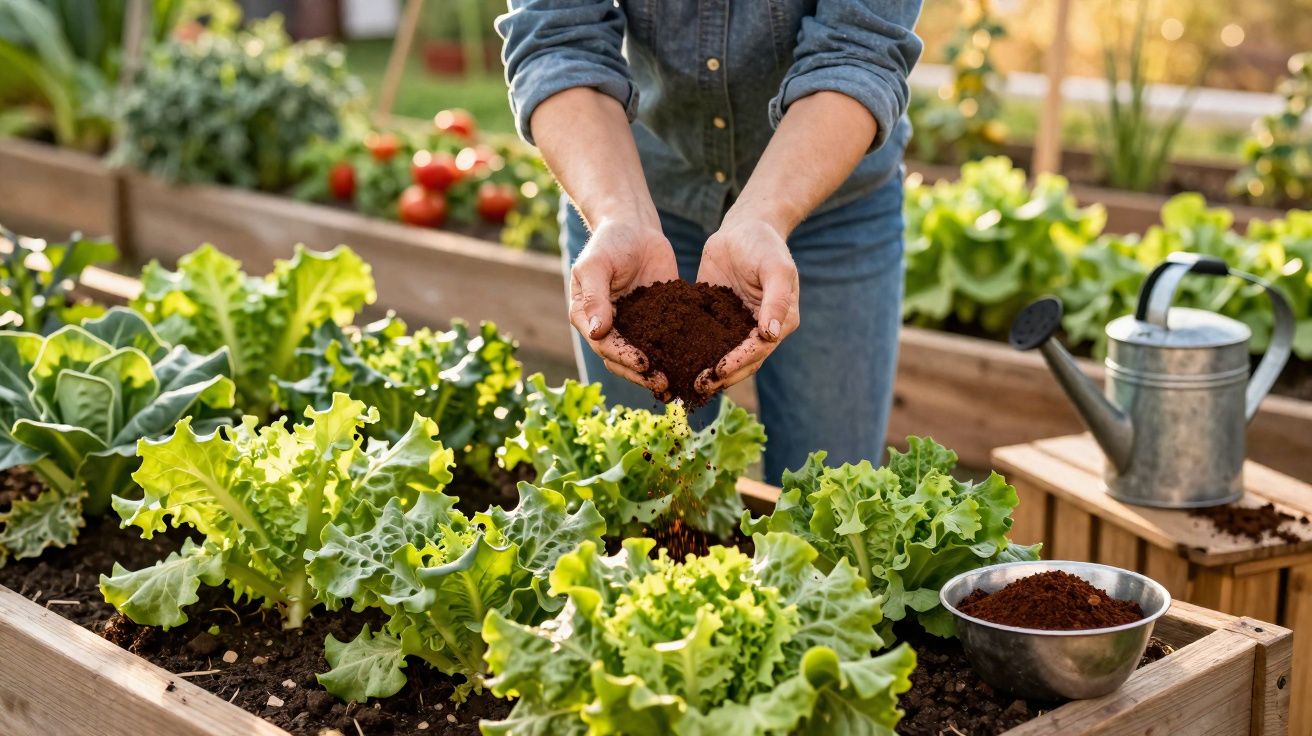 Pessoa a deitar terra numa horta com plantas verdes em canteiros de madeira em ambiente exterior.