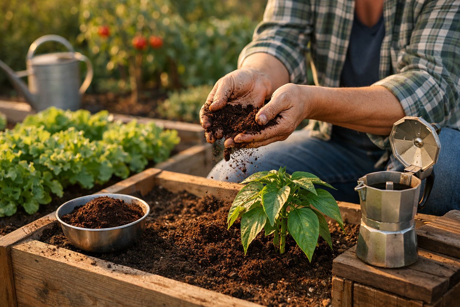 Mãos sujas de terra a preparar o solo num canteiro com planta verde no jardim ao ar livre.