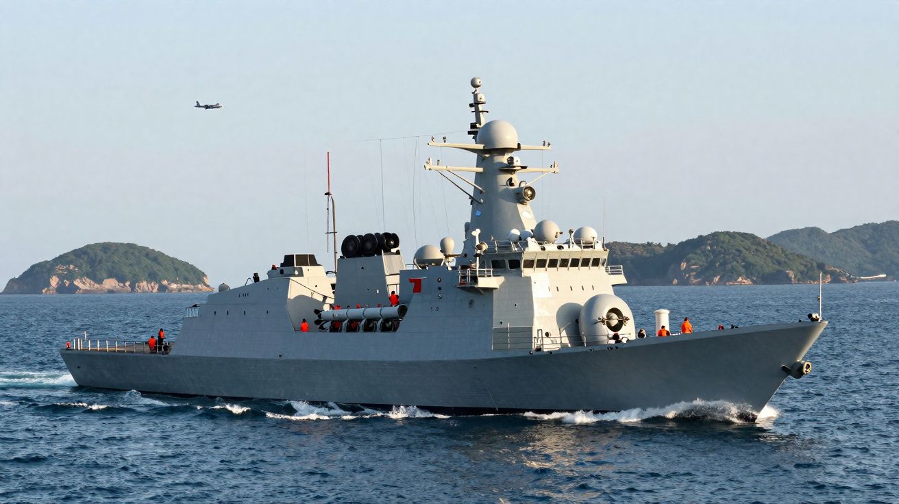 Navio de guerra militar cinzento a navegar no mar com ilhas e avião ao longe.