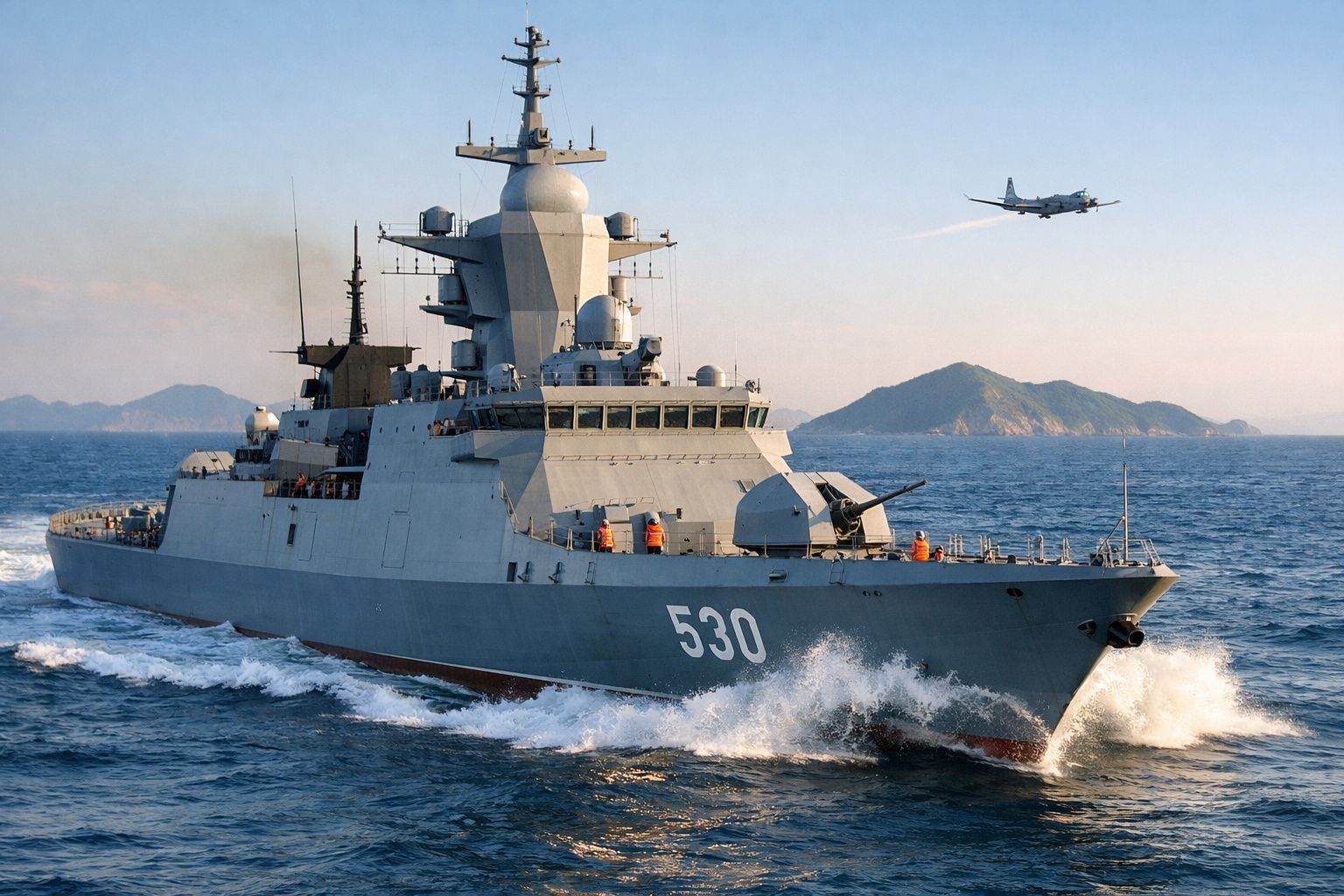 Fragata militar 530 navegando no mar com ilha ao fundo e avião a sobrevoar céu limpo.