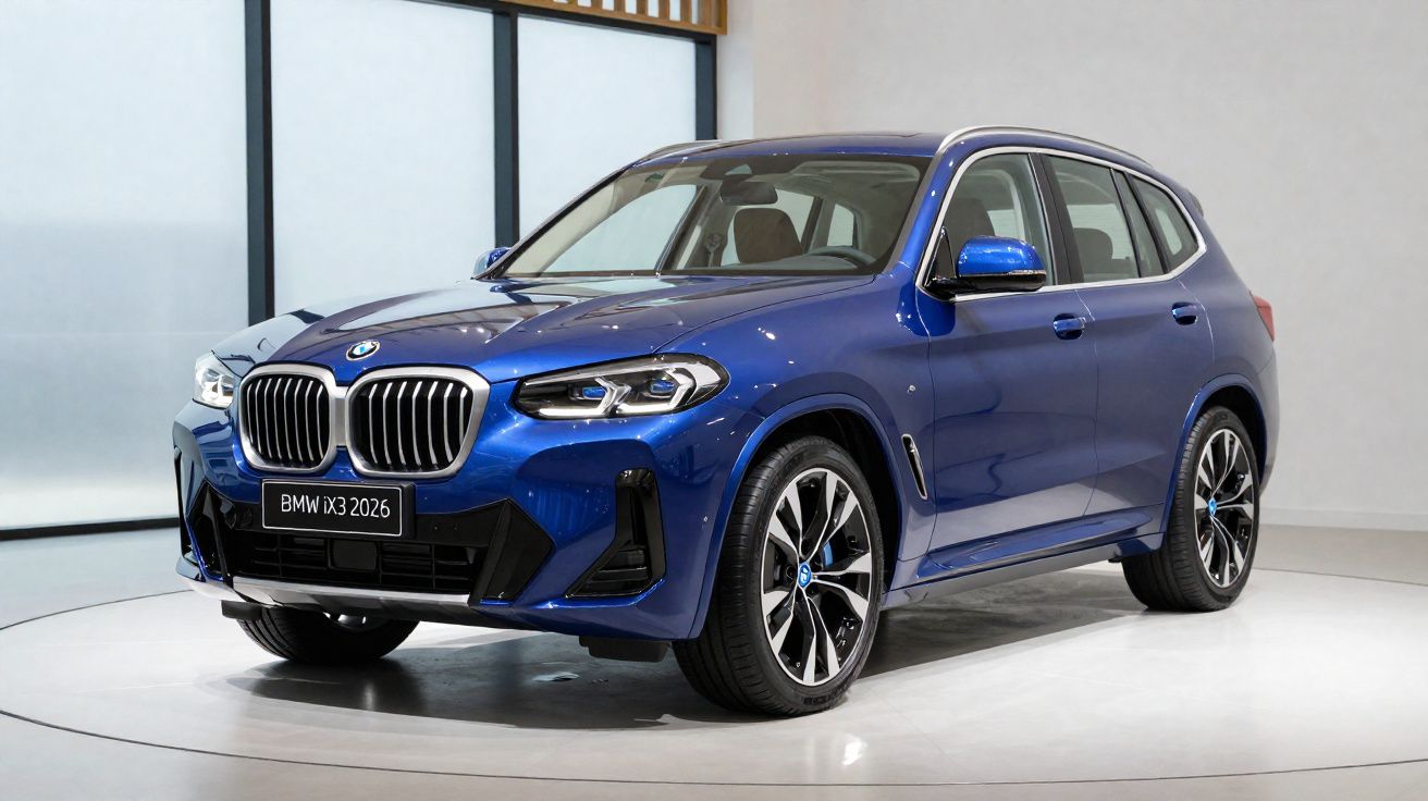 Carro SUV elétrico BMW iX3 2026 azul exposto em salão com chão branco e paredes claras.