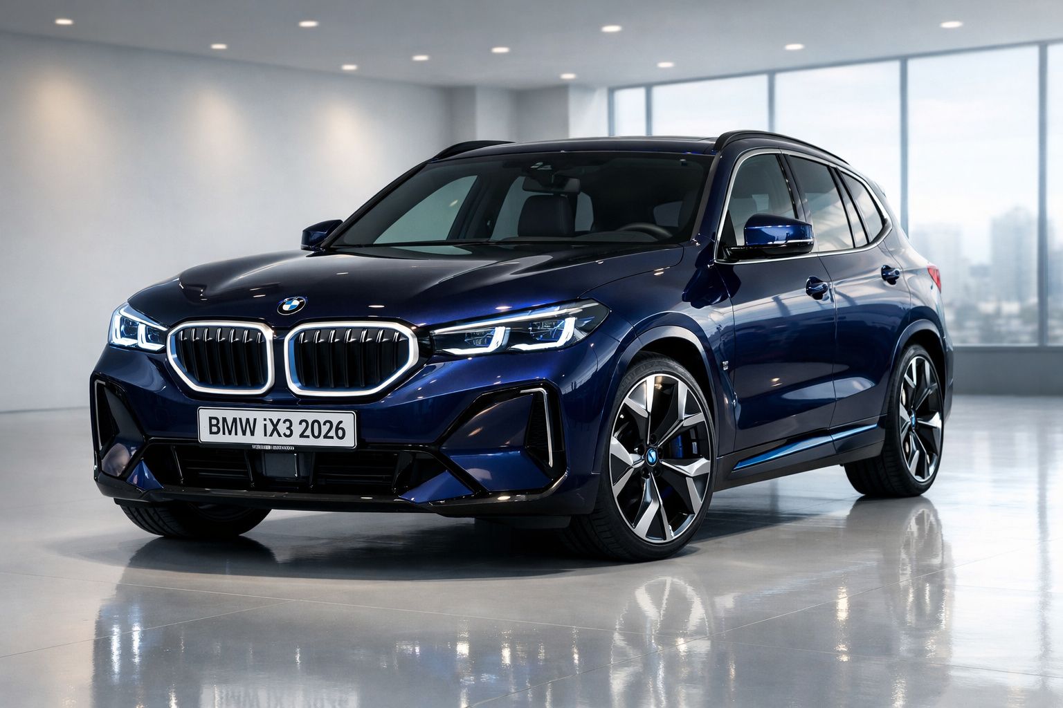 BMW iX3 azul escuro estacionado em ambiente interno moderno com janelas grandes ao fundo.