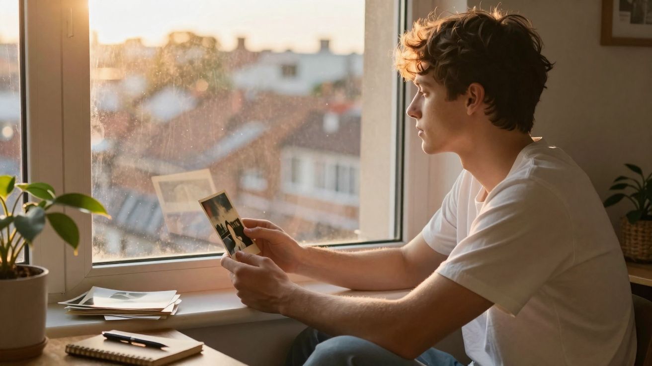 Jovem sentado junto à janela, olhando pensativo para fotografias nas mãos ao pôr do sol.
