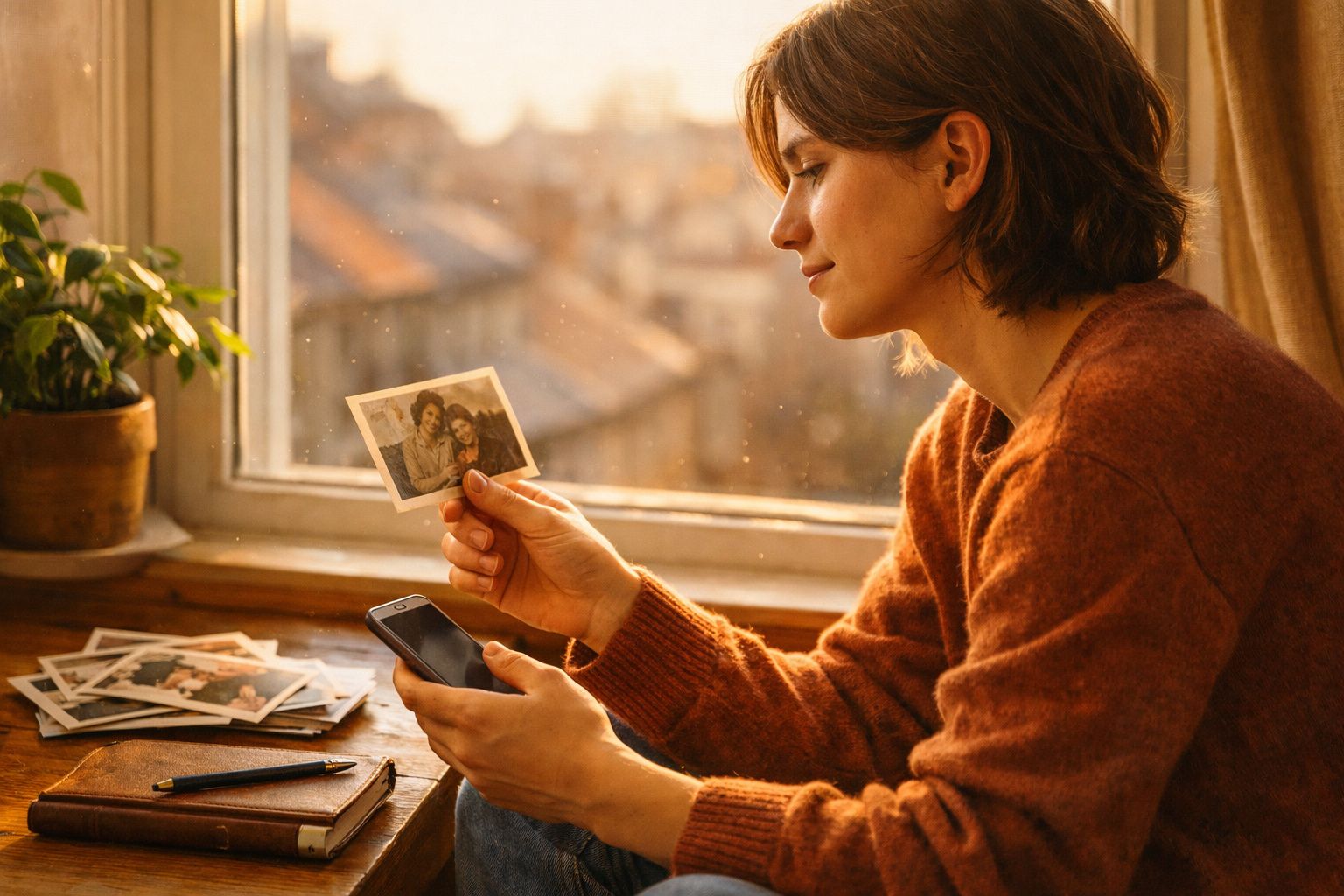 Pessoa a olhar fotografias antigas junto a uma janela com luz suave ao entardecer.
