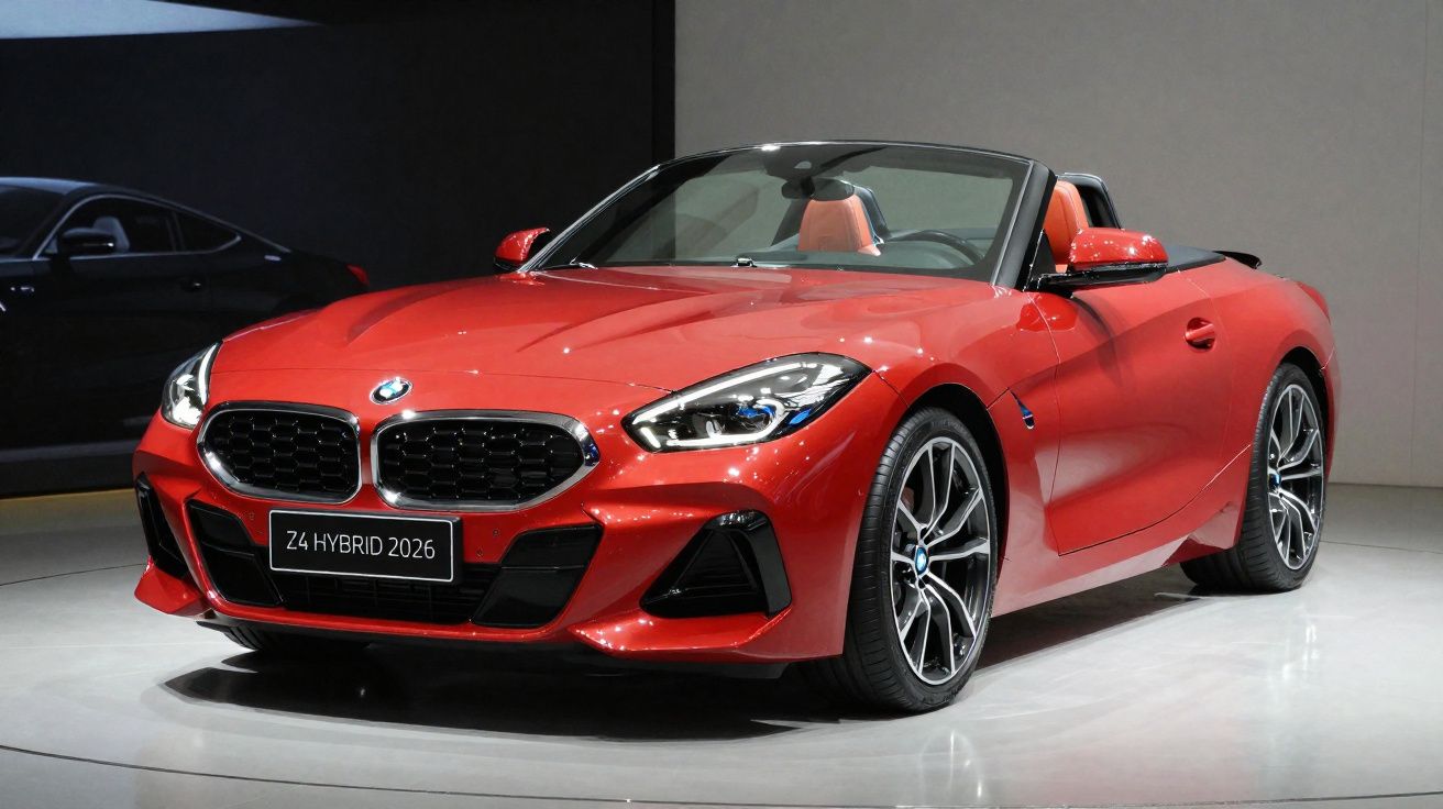 Carro desportivo descapotável vermelho BMW Z4 Hybrid 2026 em exposição.