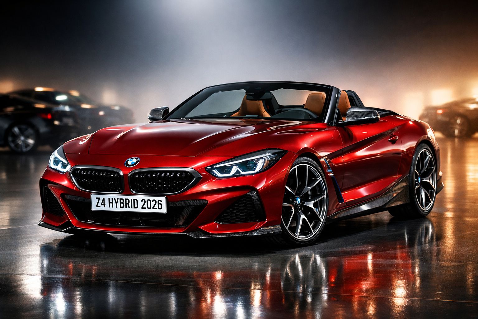 Carro desportivo conversível BMW Z4 híbrido 2026 vermelho brilhante em ambiente interior iluminado.