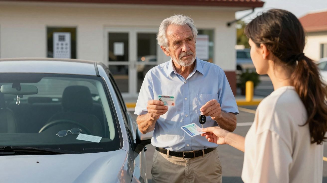 Homem idoso entrega carta de condução e chave de carro a mulher junto a veículo estacionado em área exterior.