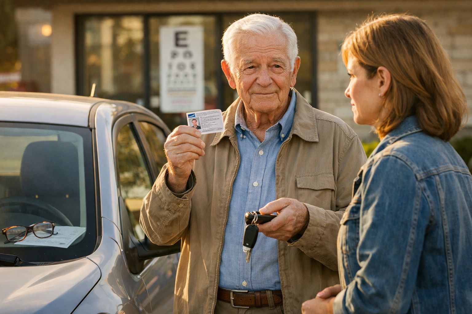 Homem idoso mostra carta de condução enquanto entrega chave de carro a mulher jovem junto a veículo estacionado.