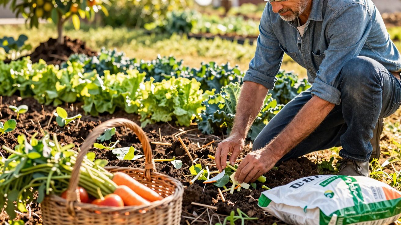 Homem a plantar hortaliças numa horta com cesta de legumes frescos e saco de fertilizante ao lado.